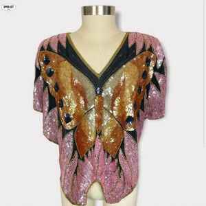 70s Vintage Pink Sequin Butterfly Top